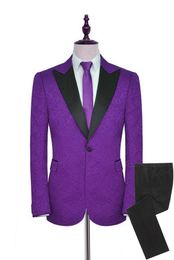 Custom Made Men Suits Purple Pattern and Black Groom Tuxedos Peak Satin Lapel Groomsmen Wedding Best Man 2 Pieces ( Jacket+Pants+Tie )L500