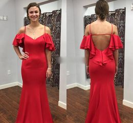 Red Mermaid Prom Dresses Spaghetti Backless Ruffles Sweep Train Long Women Formal Evening Party Gowns Special Occasion Dress Cheap