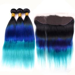 #1B/Blue/Teal Ombre Straight Indian Human Hair 3Bundles and Frontal Black Roots Blue Teal 3Tone Ombre Lace Frontal Closure 13x4 with Weaves
