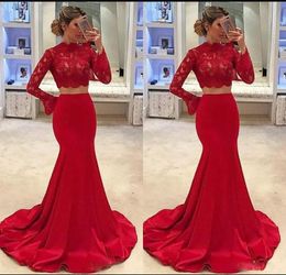 Red Two Pieces Prom Dresses 2019 Mermaid Lace Cheap Formal Evening Gowns High Neck Long Sleeves Robe de soriee