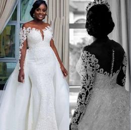 2019 Two Piece African Mermaid Wedding Dresses with Detachable Train Lace Appliques Sheer Neck Illusion Long Sleeves Bridal Gowns