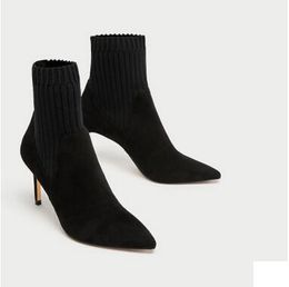 Hot Sale-European and American Style Women's Patchwock Socks Shoes Ankle Boots Pointed Toes Solid High Heels Women's Dress Shoes