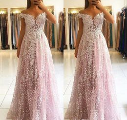 2019 White Pink Long Evening Dress Elegant Arabic Dubai Off Shoulder Lace Holiday Women Wear Formal Party Prom Gown Custom Made Plus Size