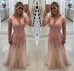 Pink Long Sleeves Mother of the Bride Dresses 2019 Cheap Beaded Formal Godmother Evening Wedding Party Guests Gown Plus Size Custom Made