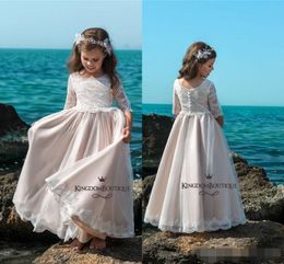 Newest Princess Flower Girls Dresses Half Sleeves Jewel Neck Lace Applique Little Girl Pageant Ball Gown Ankle Length Party Dress