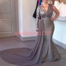 Trendy Mermaid Arabic Evening Dresses Gowns Sheer Sexy One Shoulder Long Sleeve Chiffon Applique Prom Formal Occasion Party Wear Pageant