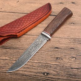 Survival Straight Hunting Knife VG10 Drop Point Blade Rosewood Handle Fixed Blade Knives With CNC Leather Sheath