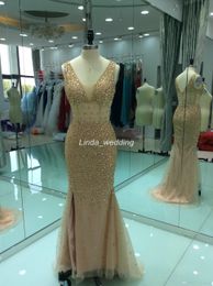 2019 Real Photos Champagne Crystals Beaded Prom Dress Sexy Tulle Sleeveless Backless Party Gown Custom Made Plus Size