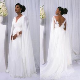 Spring 2020 Bride to Be Goddess Dresses V Neck A Line Sweep Train Grecian Wedding Dress with Cape