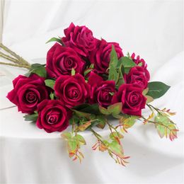 Fake Long Stem Velvet Rose (3 heads/piece) 29.53" Length Simulation Roses for Wedding Home Decorative Artificial Flowers