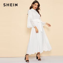 White Stand Collar Laser Cut Belted Plain Dress Women Casual 2019 Summer Flounce Sleeve Mid Waist Dresses