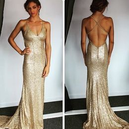 Gold Sequined Mermaid Prom Dresses Cheap Criss Cross Open Back V-neck Formal Party Elegant Dress Evening Gowns robes de bal Cocktail Party