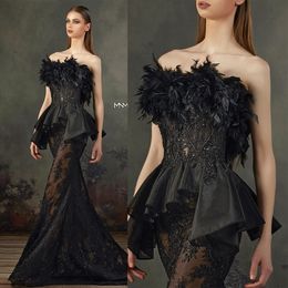 Elegent Black Mermaid Prom Dress Sleeveless Strapless Applique Crystal Feather Plus Size Tulle Lace Party Dress Sweep Train robes de soirée