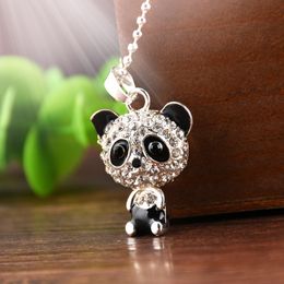 New Fashion Pretty Enamel Rhinestone Panda Silver Pendant Necklace Women Crystal Accessories Sweater Necklaces Jewellery 50cm