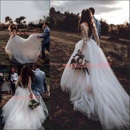 Romantic Garden Sheer Tulle Illusion Spring Outdoor Wedding Dresses Long Sleeve Lace African robe de mariée Bride Dress Ball Bridal Gowns