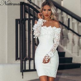Nattemaid Hollow Out Floral White Lace Dresses Off Shoulder Strapless Mini Sexy Women Pencil Bodycon Party Dress Vestidos Q190418