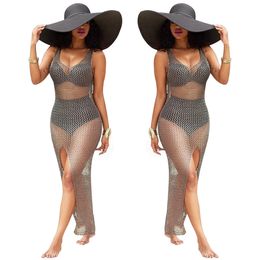 Women Summer Beach Casual Dresses Slim Sunscreen Net Cover Ups Hollow Out High Slit Sleeveless Dress