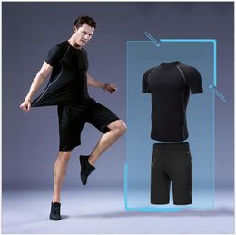 Men's Outdoor Fast Dry Clothes Training Fitness T-shirt Short Sleeve Two-piece Set in Summer