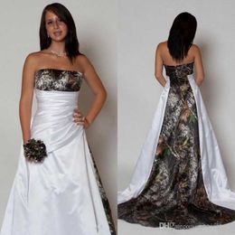 Modern Country Camo Wedding Gown with Pleats Empire Waist A line Sweep Train Camouflage Strapless Bridal Gowns