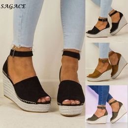 SAGACE Shoes Women Fashion Dull Polish Sewing Peep Toe Wedges Hasp Sandals Flatform Shoes zapatos mujer Sandals Summer