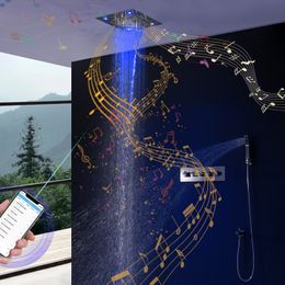 Bathroom Bluetooth Music Shower Set Ceiling Colourful LED Overhead Panels Rainfall Waterfall ShowerHead Thermostatic Mixer Diverter Faucets