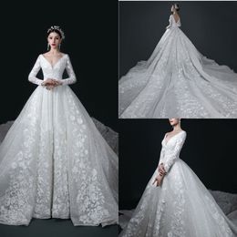 Modest YL Ball Gown Elegant V Neck Long Sleeve Backless Wedding Dresses Lace Applique Crystal Sequins Wedding Gowns Sweep Train Bridal Gowns