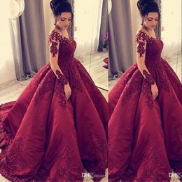 New Sexy Elegant Burgundy Prom Dresses V Neck Lace Appliques Beaded Long Sleeves Sweep Train Ball Gown Plus Size Custom Party Evening Gowns