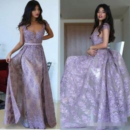 Lilac Prom Dresses With Overskirt Lace Applique Short Capped Sleeves Plus Size Sequins Long Evening Party Gowns Formal Ocn Wear