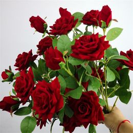 Fake Long Stem Velvet Rose (4 heads/piece) 26.77" Length Simulation Curling Roses for Wedding Home Decorative Artificial Flowers