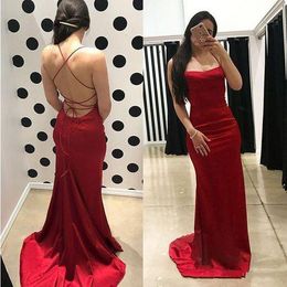 2019 New Sexy Cheap Scoop Neckline Sheath Ruby Prom Dress with Tie String Back Long Simple Evening Gown Free Shipping