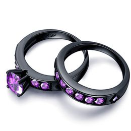 Top quality bling large purple Cubic Zircon couple Rings Set black Gold filled CZ Wedding alliance For Women men288d