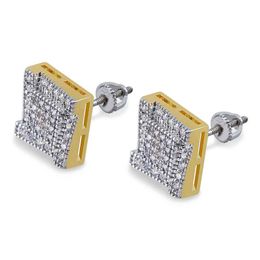 High Quality Yellow Gold Plated Iced out CZ Premium Diamond Cluster Zirconia Round Screw Back Stud Earrings for Men Hip Hop Jewellery