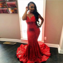 Plus Size Red Sequin Prom Dresses Long Black Girls Mermaid Party Dresses 8th Grade Graduation Sweet 16 Evening Gowns Sheer Neck Sweep Train