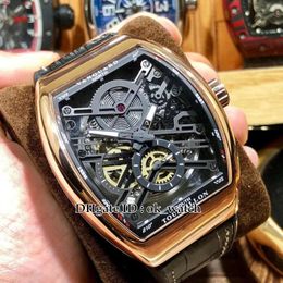 New Vanguard V 45 S6 SQT Rose Gold Case Automatic Mens Watch Skeleton Black Dial Leather Strap High Quality Tourbillon Gents Sport3422