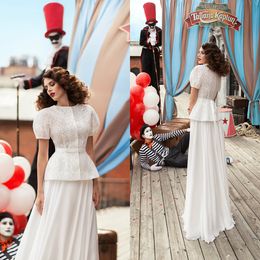 Vintage A Line Wedding Dresses Jewel Short Sleeve Appliqued Lace Beaded Wedding Gown Custom Made Sweep Train Chiffon Vestidos De Novia