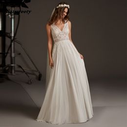 A-Line Wedding Dress Lace Appliqued Cut-out Backless Chiffon Bridal Dresses V-neck Wedding Party Dress vestido de noiva