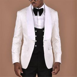 White Pattern With Double Breasted Black Vest Men Suit 3 pieces Groom Tuxedos Groomsmen Wedding Apparel Blazer Suits For Men