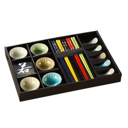 Japanese Ceramic Sushi Serving Set for 5 Person with Snacks Sauce Dishes Chopsticks Rest Mixed Color Crackle Glaze Design Dinnerware