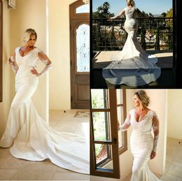 plus size mermaid wedding dress vneck long sleeves appliqued lace bridal dresses ruched court train custom made vestidos de novia hot sell