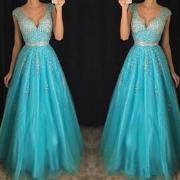 Turquoise Tulle Prom Dresses Backless Sparkly Beading Plunging 2021 Cheap Sexy Long Pageant Party Dress Evening Gowns Custom Made
