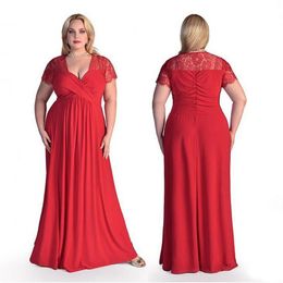 Red Plus Size Women Evening Dresses Latest Red Chiffon and Lace V Neck Short Sleeves Zipper Back Formal Prom Gowns Customize SD3436