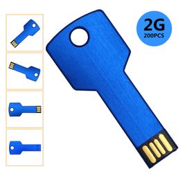 BULK 200PCS 2GB USB 2.0 플래시 드라이브 금속 키 모양 플래시 메모리 스틱 컴퓨터 노트북 MacBook Thumb Pen을위한 빈 미디어 멀티 컬러 드라이브