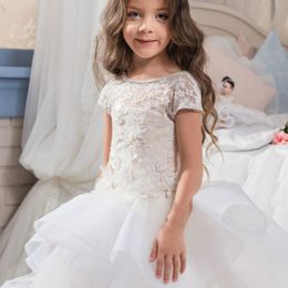 Gown Girls Pageant Gowns With Flora Appliques Tiered Ruffles Halter Flower Girl Dresses Children Organza Puffy Kids Party Dress