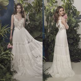 boho wedding dresses spaghetti strap sleeveless bow appliqued lace ruched tulle wedding gown sexy backless sweep train robes de marie