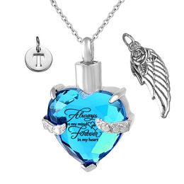 Forever in my Heart Angel Wing and Birthstone March Crystal Charm Stainless Steel Cremation Keepsake Memorial Urn Necklace Kit