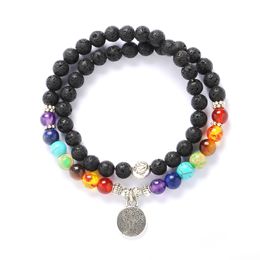 Tree of Life 6mm Chakra Charms Black Lava Stone Bracelet Volcano beads Aromatherapy Essential Oil Diffuser Bracelets For Women Jewelry