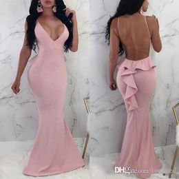 Sexy Simple Pink Prom Dresses Deep V-neck Backless Satin Cascading Floor Length Evening Gowns Long Formal Dresses Gowns Robe de soirée