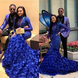 Sheer Long Sleeve Prom Dresses Royal Blue High Neck Lace Applique 3D Rose Floral Mermaid Evening Gowns African Flowers Party Gowns