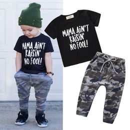 Summer Baby Boys Set Kids Short Sleeve Letters Tops Tshirt + Camouflage Pants Kids 2pcs Set Children Outfits Set 14516