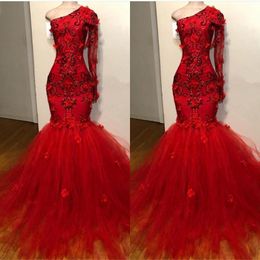 African Red Mermaid Prom Dresses One Shoulder Long Sleeves Evening Dress Tulle Appliques Beads handmade Flowers Cocktail Party Gowns